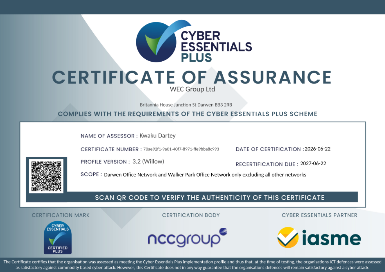 Cyber essentials plus certificate